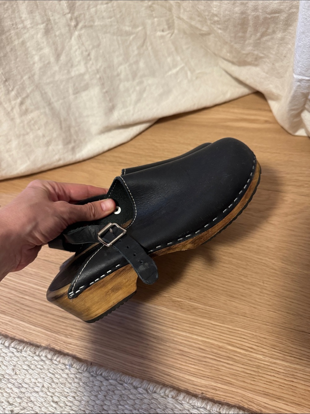 Lotta From Stockholm Black Leather Clog Mules with Wood Sole